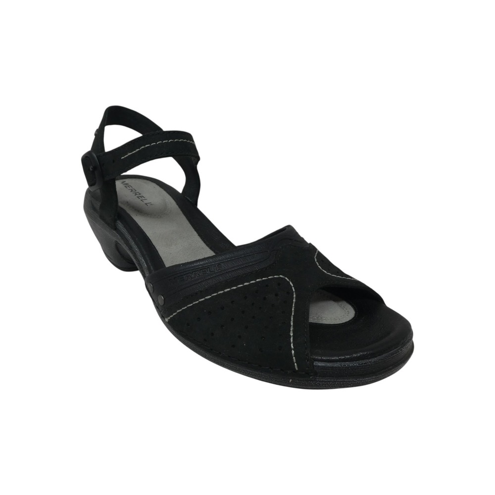 Merrell Luxe Strap Sandal Women 8 Black Leather Buckle Perforated Heel